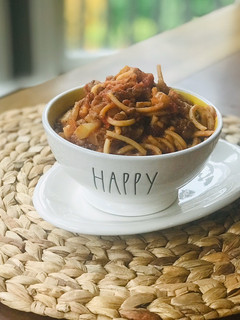 A picture of Vegan hearty Italian spaghetti.