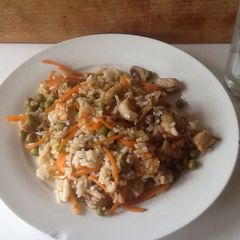 A picture of Pork and Mushroom stir fry for one person.