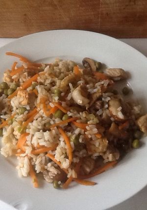 A picture of Pork and Mushroom stir fry for one person.
