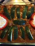 Gratin de courgettes et poivrons au bœuf et pecorino