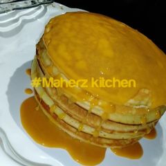 A picture of Pancakes with homemade caramel.