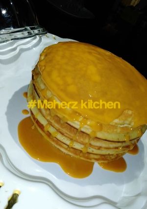 A picture of Pancakes with homemade caramel.