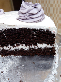 A picture of Whipped cream frosted chocolate cake.