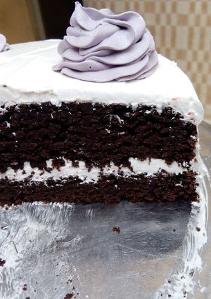 A picture of Whipped cream frosted chocolate cake.