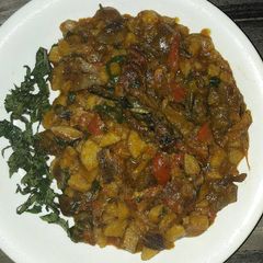Unripe plantain porridge with dryfish and pomo A picture of Unripe plantain porridge with dryfish and pomo.