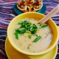Lentil_soup With#Chiken_grill_bite_in_Puff #spoon. A picture of Lentil_soup With#Chiken_grill_bite_in_Puff #spoon..
