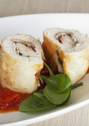 A picture of Cheesey buffalo chicken Roulade.