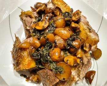 The New Way Prepare Recipe One pan roasted pork potatoes mushrooms kale and pan gravy Delicious Perfect