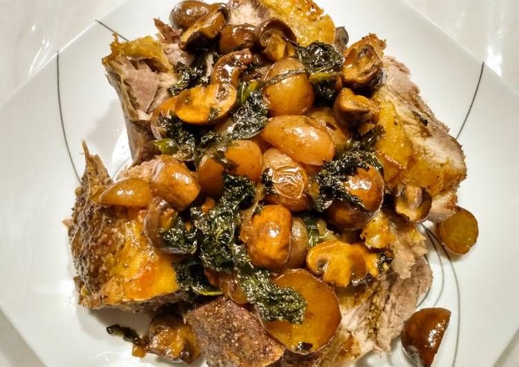 Simple Way to Cook Perfect One pan roasted pork, potatoes, mushrooms, kale and pan gravy