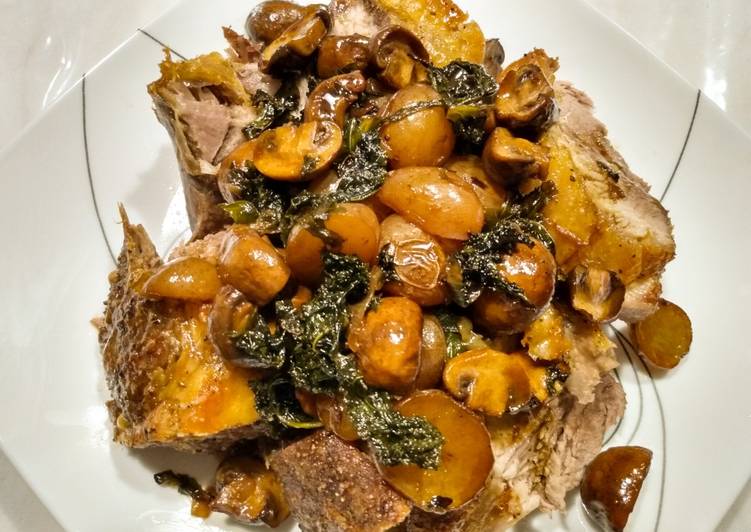 Recipe of Homemade One pan roasted pork, potatoes, mushrooms, kale and pan gravy