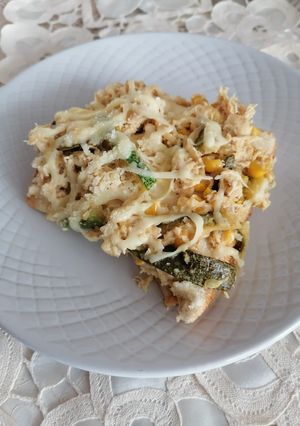 A picture of Chicken Soufflé with Zucchini and Corn.