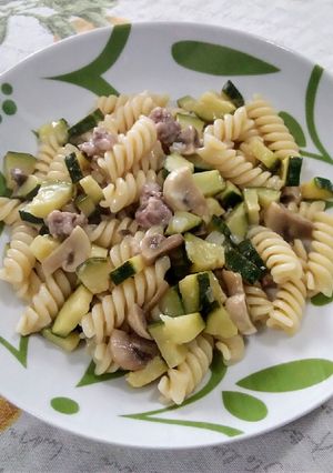 A picture of Fusilli with Zucchini, Sausage, and Cremini Mushrooms.