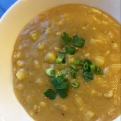 A picture of Yellow Split Pea-Sweet Potato Corn Chowder.