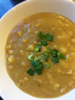 A picture of Yellow Split Pea-Sweet Potato Corn Chowder.