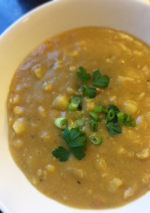 A picture of Yellow Split Pea-Sweet Potato Corn Chowder.