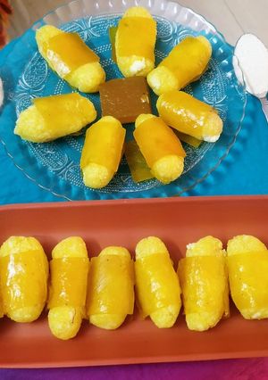 A picture of Suji aamsatto (semolina mango papad) sweet.