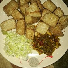 A picture of Fried tofu with chicken sauce.