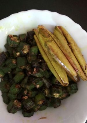 A picture of Lady's finger and pointed gourd fry.