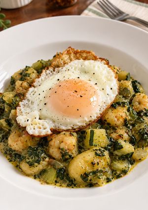 Foto principal de Ñoquis con Gambas, Huevo y Verduras