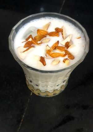 A picture of Thandai milkshake shots.