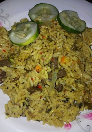 A picture of Veggies and liver Jollof.