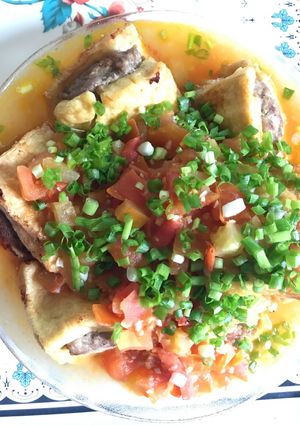 Hình của món Đậu hũ nhồi thịt sốt cà chua.