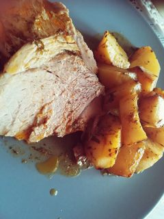 A picture of Pork Leg with Melty Potatoes in the Oven!!!.