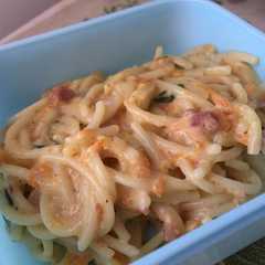 A picture of Spaghetti Carbonara MPASI 10-12 bulan.