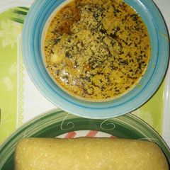 A picture of Egusi soup with dry bitter leaf.