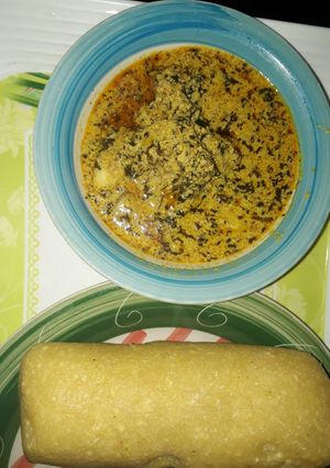 A picture of Egusi soup with dry bitter leaf.
