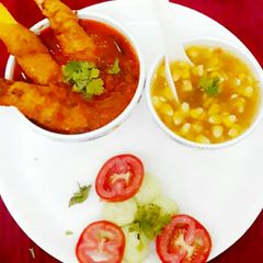 SoyaChaap Curry with Sweetcorn Soup A picture of SoyaChaap Curry with Sweetcorn Soup.