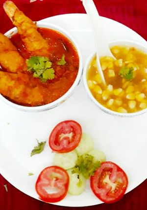 A picture of SoyaChaap Curry with Sweetcorn Soup.