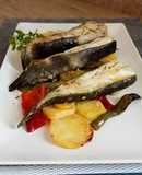 Rodaballo al horno con patatas y pimientos