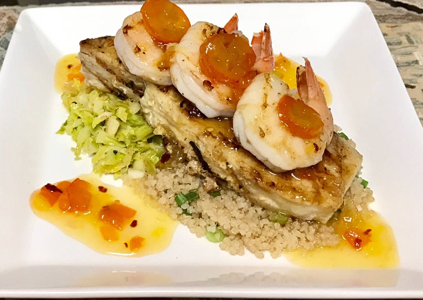 Recipe of Super Quick Homemade Grilled halibut and shrimp kumquat
chutney, shaved Brussels sprouts,And quinoa