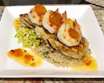 The New Way Cooking Recipe Grilled halibut and shrimp kumquat chutney shaved Brussels sproutsAnd quinoa Delicious and Healthy