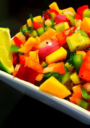 A picture of Mike's Spicy Mango Strawberry Salsa.