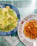 Ức gà sốt cà + trứng xào su hào bắp cải