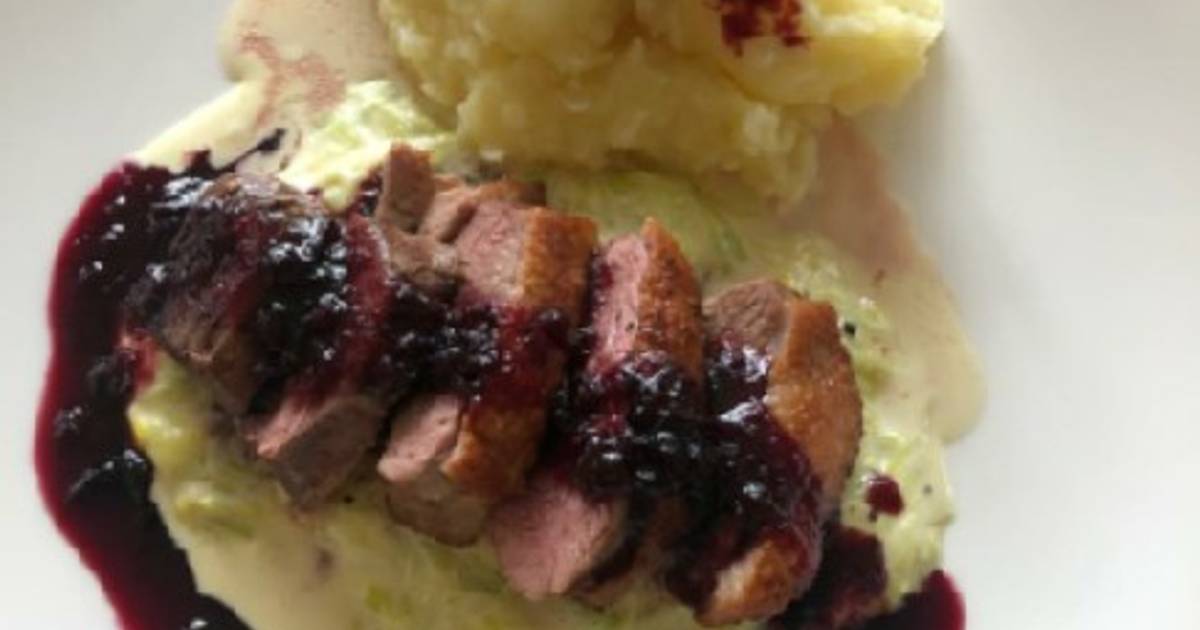 Duck with mash, creamy leak and red wine jus Recipe by Daniel Wood