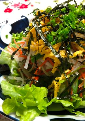 A picture of Finely Shredded vegetable salad with soy sesame oil dressing.