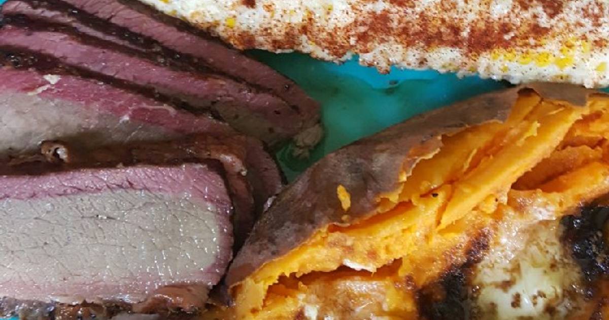 Smoked brisket, elote (Mexican corn) smoked sweet potato Recipe by