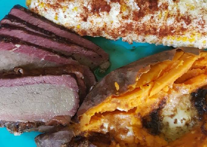 Recipe of Speedy Smoked brisket, elote (Mexican corn) smoked sweet potato