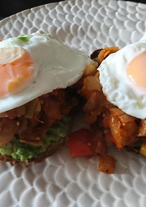 A picture of Fried Eggs on Ratatouille on spicy Avocado on Sourdough...