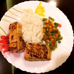 Pan grilled Salmon with tropical marinate A picture of Pan grilled Salmon with tropical marinate.