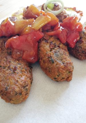 A picture of Red Lentil Soutzoukakia (Meatless Meatballs).
