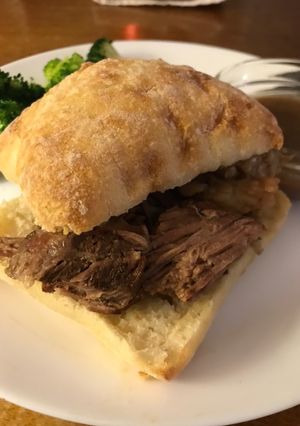 A picture of Ridiculously easy Roast beef au jus sandwiches.