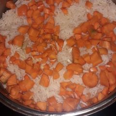 A picture of White rice sprinkled with carrot,Chicken stew and veggies.