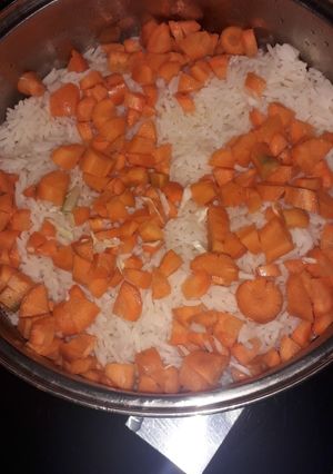 A picture of White rice sprinkled with carrot,Chicken stew and veggies.