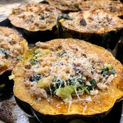 Acorn Squash with Kale and Turkey Sausage A picture of Acorn Squash with Kale and Turkey Sausage.