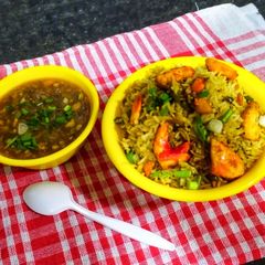 Hot and Sour Chicken Soup with Chicken fried rice A picture of Hot and Sour Chicken Soup with Chicken fried rice.