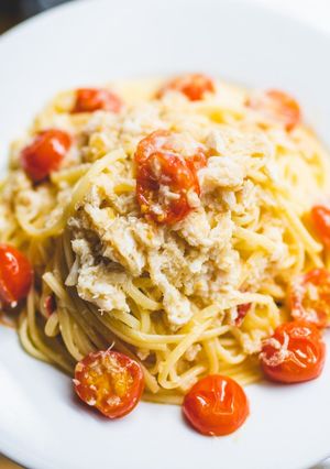A picture of Canned crab oil pasta.